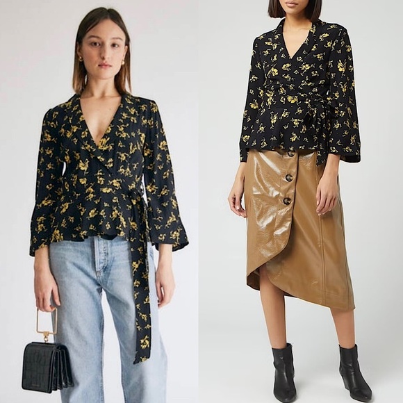 GANNI Floral Print Crepe Bell Sleeve V-Neck Tie Waist Ruffle Peplum Wrap Top XS - Picture 1 of 16